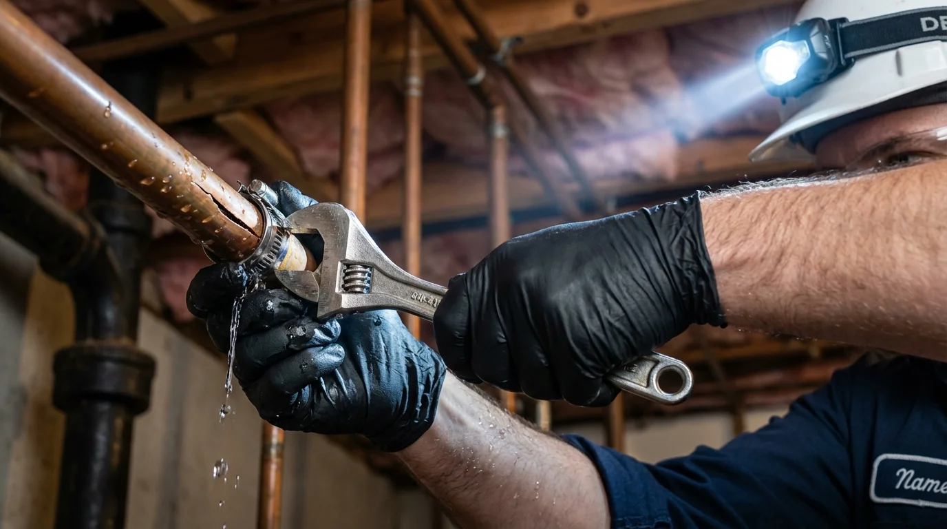 Emergency pipe clamp repair being performed by a Johns Plumbing LLC plumber in Dresher