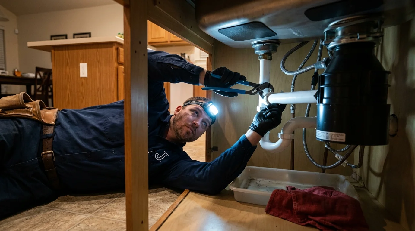 P-trap and supply line connections under a kitchen sink showing a common leak point in Dresher, PA